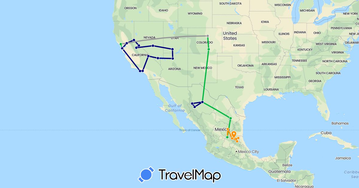 TravelMap itinerary: driving, bus, plane, hitchhiking in Mexico, United States (North America)